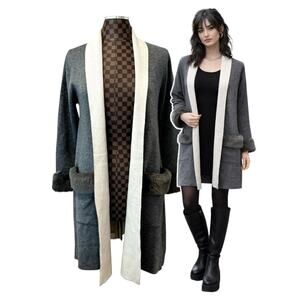 Vertigo Duster Open Front Cardigan Faux Fur Trim Long Gray Sz M Sweater Coatigan